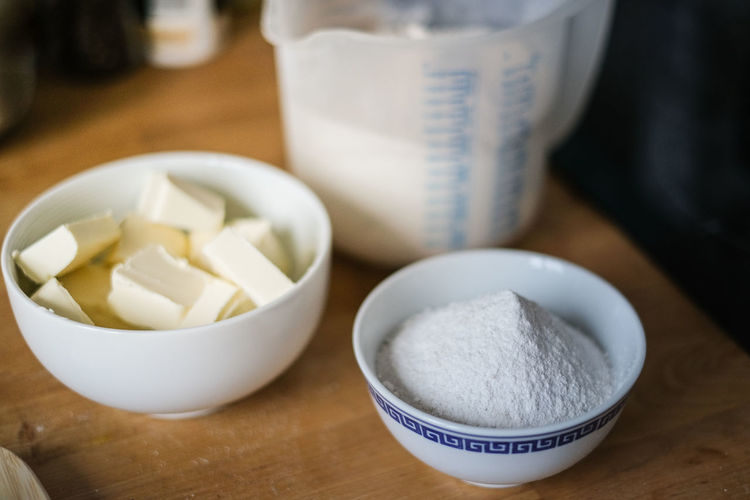 High angle view of baking ingredients on table