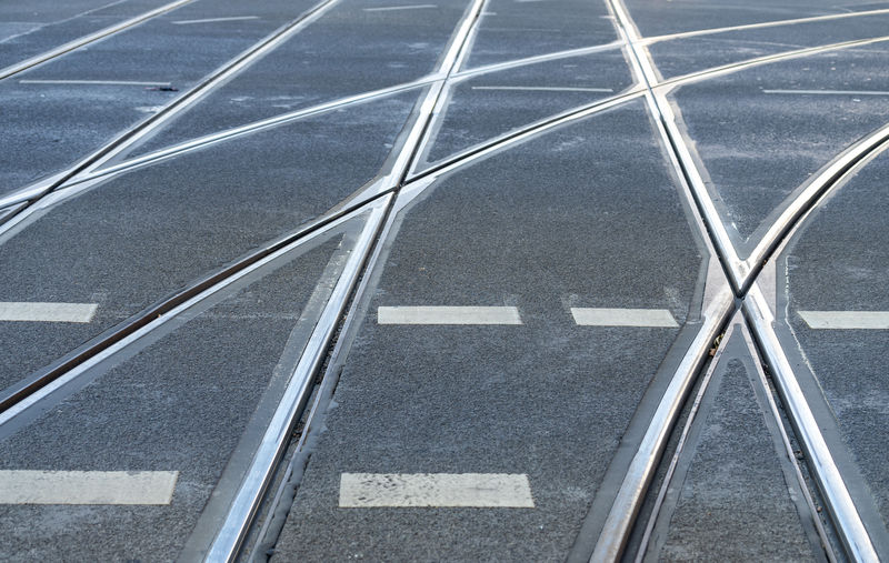 High angle view of tram rails on street