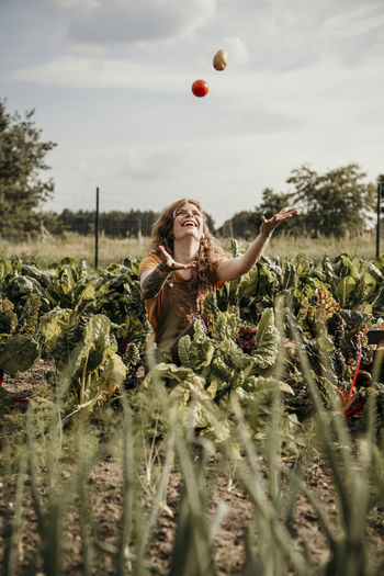 Playful farm worker playing with vegetable while harvesting crop at farm