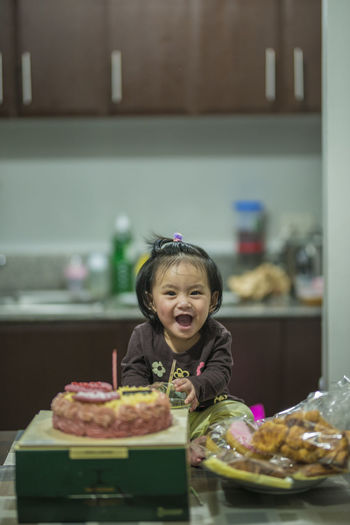 Portrait of happy girl with birthday cake at home