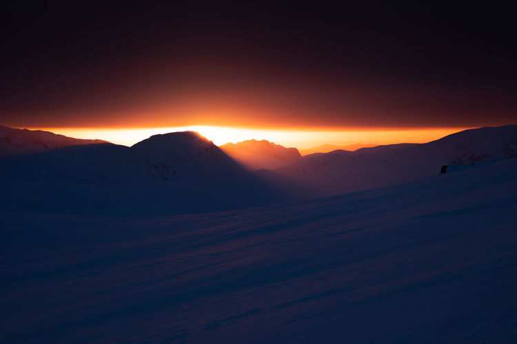 Scenic view of mountains against sky during sunset