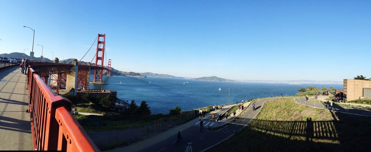 Panoramic view of bay against clear sky