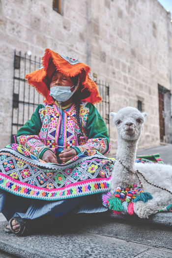 Peruvian woman in traditional clothes holding a baby llama in street, arequipa, peru
