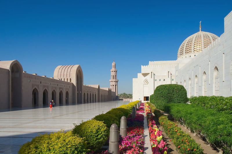 Exterior of mosque against clear blue sky