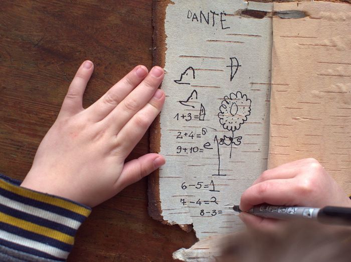 Midsection of kid writing text on birch bark