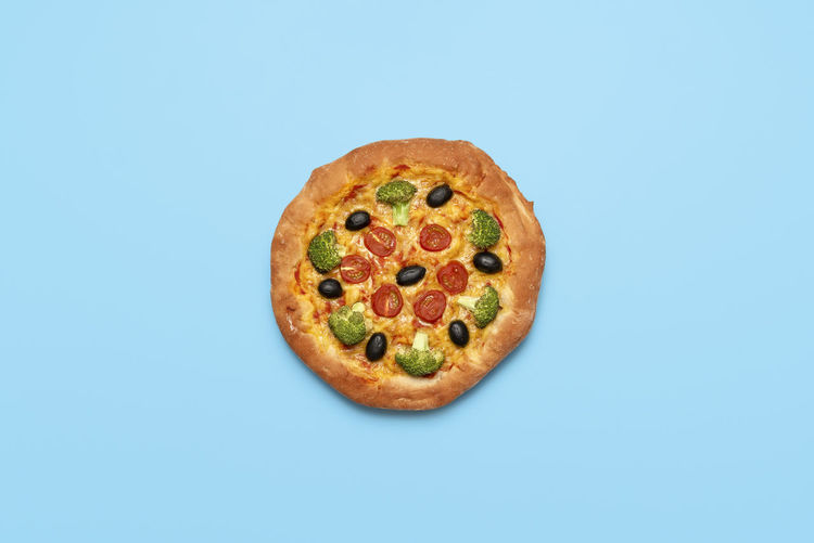 High angle view of pizza against white background