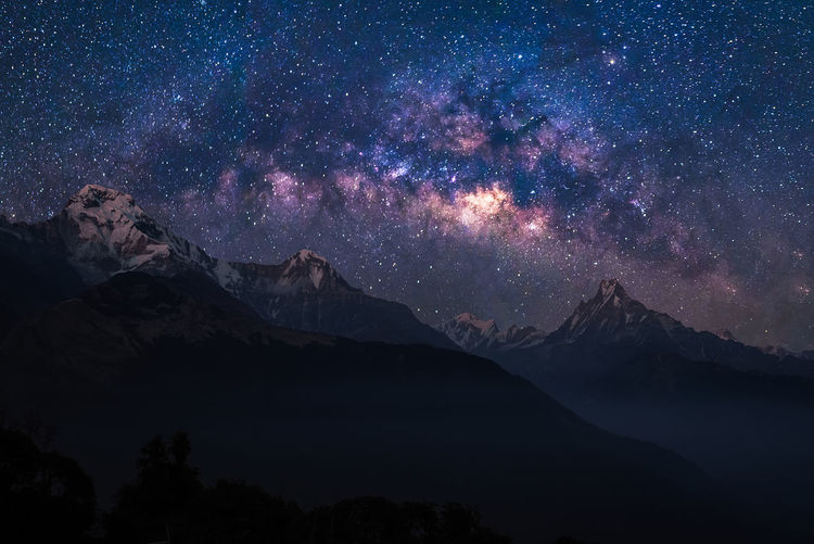 Nature landscape view of himalayan mountain range with milky way galaxy and stars on night sky