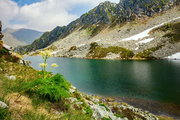 Scenic view of lake by mountains against sky