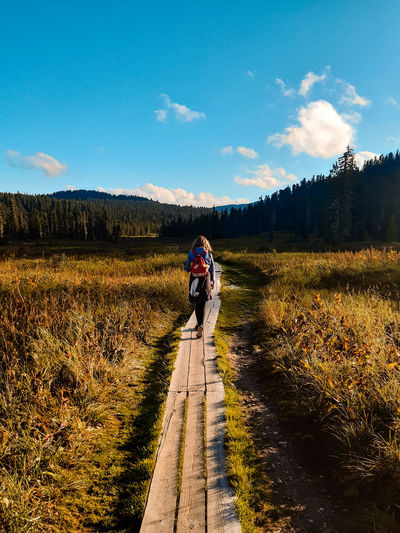 Rear view of man walking on footpath against sky