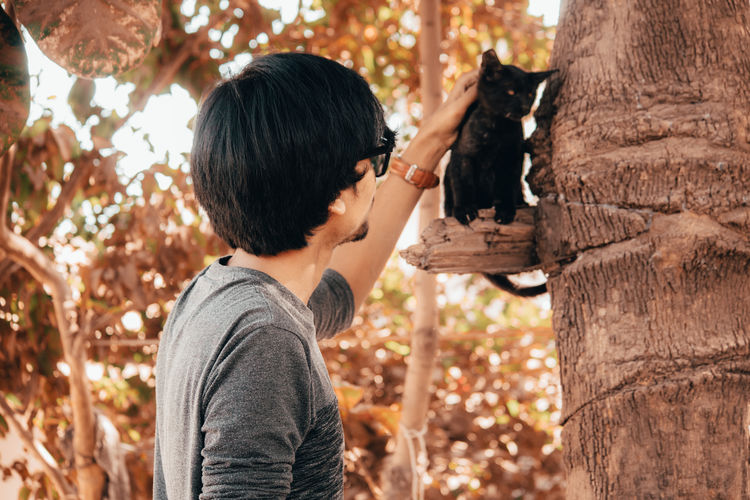 Man stroking cat sitting on tree trunk