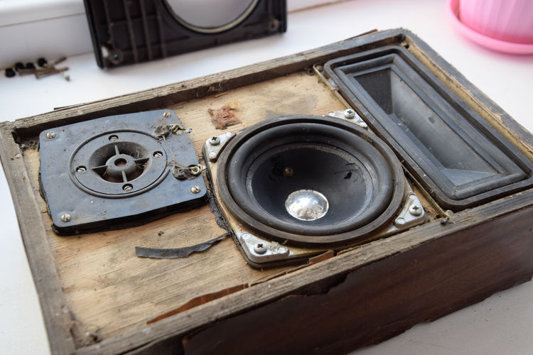 High angle view of old speaker on table