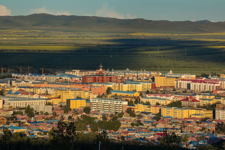 High angle view of townscape against sky