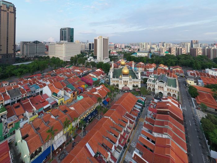 High angle view of bugis buildings against sky