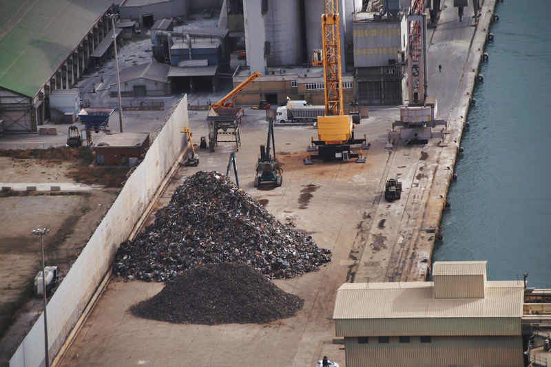 High angle view of construction site at recycling center at commercial dock, barcelona 