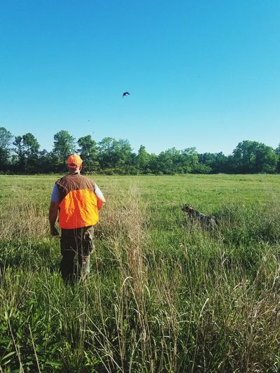 Hunter and dog bird hunting in field