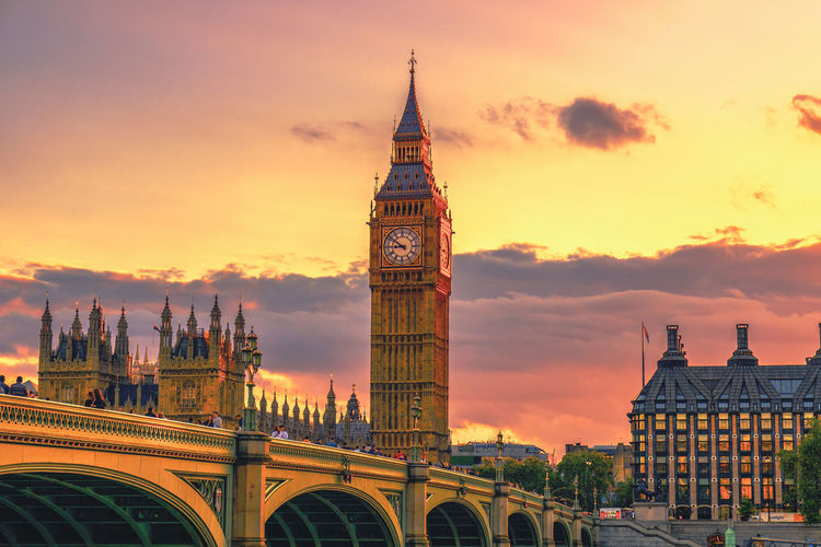 Low angle view of big ben at sunset