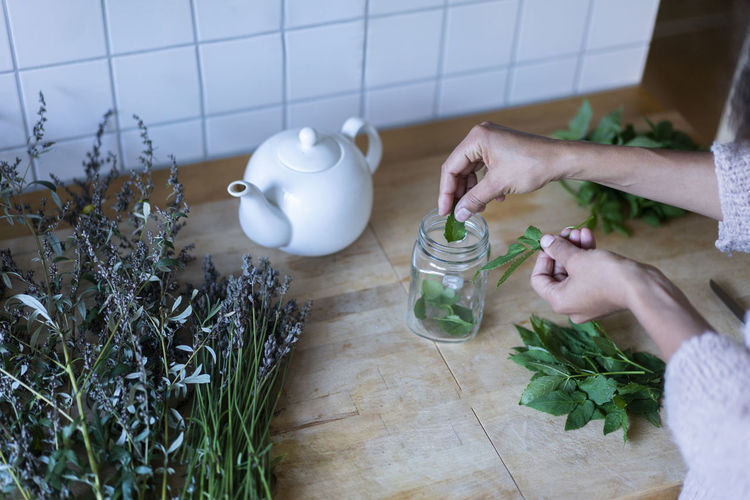Woman's hands putting herbal leaves in jar while to prepare tea at home