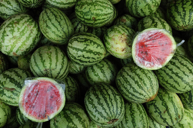 Ripe green watermelons at the market, a delicious summer snack