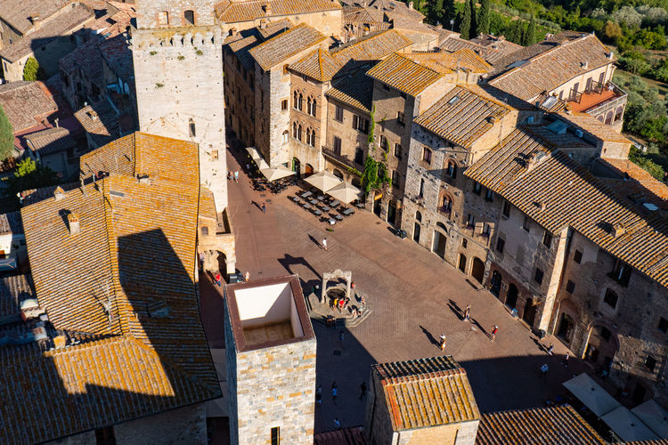 View of main square from the top of the main tower, city of san gimignano, tuscany