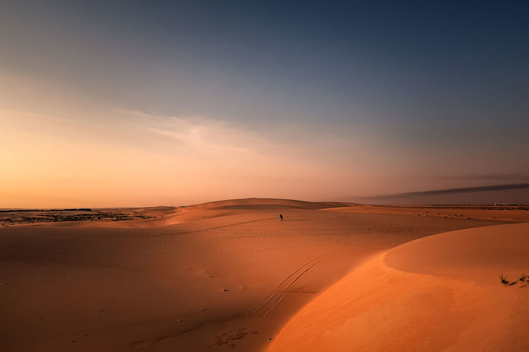Scenic view of desert against sky during sunset