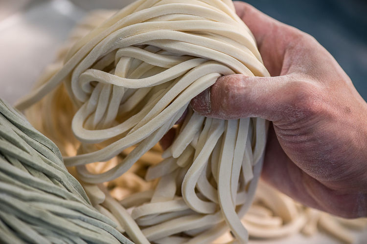 Close-up of hand holding homemade noodles