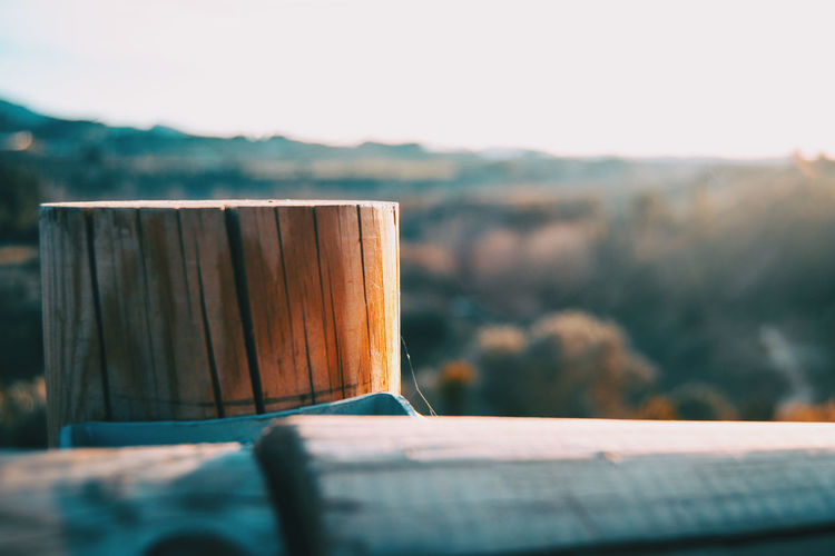 Close-up of wooden fence against sky