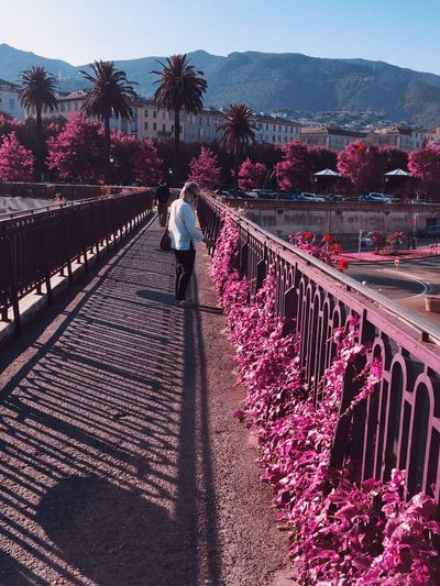 Rear view of woman walking on bridge