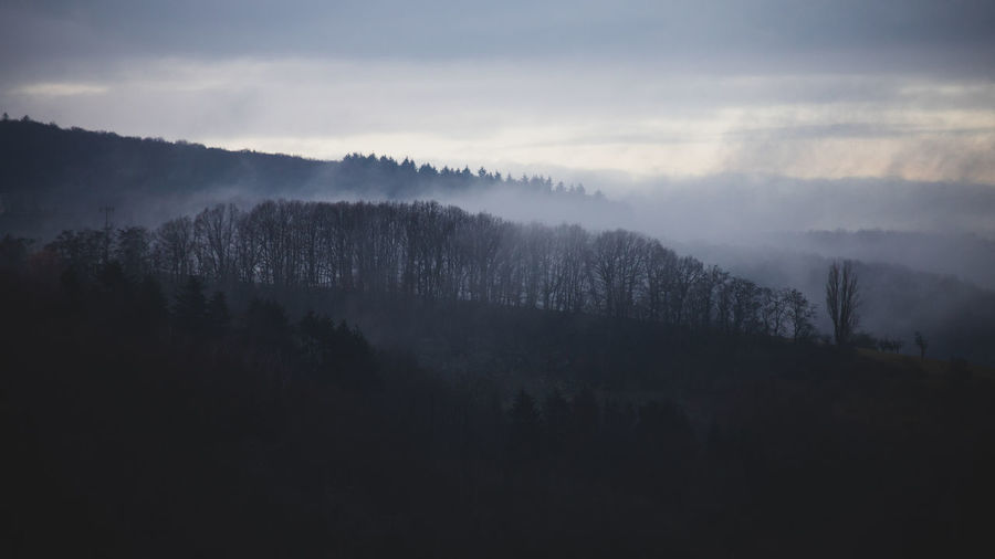 Scenic view of landscape against sky during foggy weather