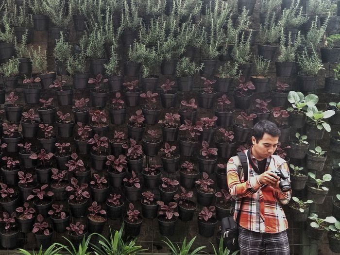 Man standing by flowering plants