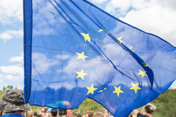 Close up on the european union flag on the prague pride parade.
