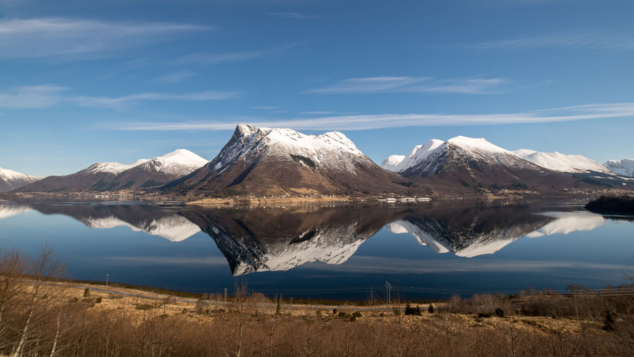 Scenic view of lake by snowcapped mountains against sky