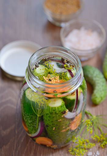Close-up of cucumbers in jar