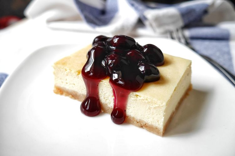 Close-up of blueberry cheesecake in plate
