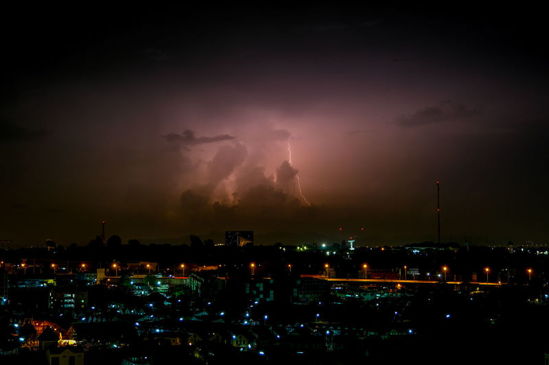 Panoramic view of illuminated city against sky at night