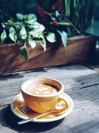 Close-up of cappuccino on wooden table