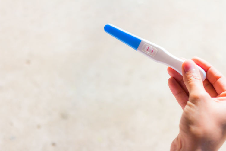 Close-up of person holding pregnancy test equipment