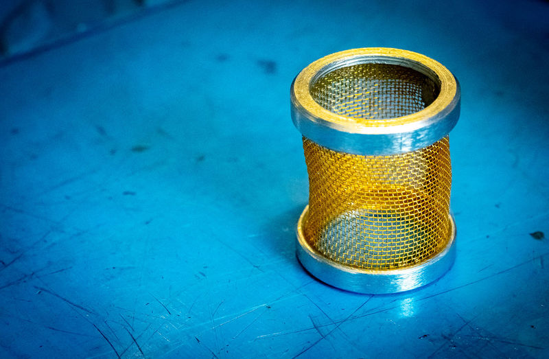High angle view of blue glass on table