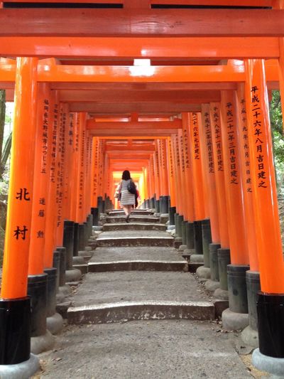 Rear view of woman walking on steps under torii gate
