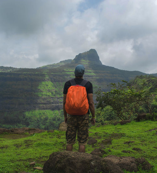 Rear view of man standing on mountain