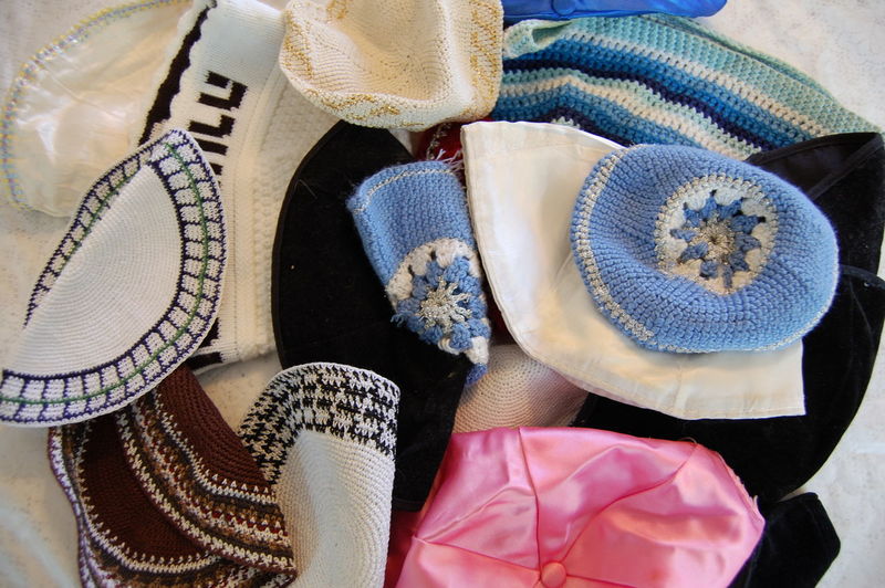 High angle view of yarmulkes on table
