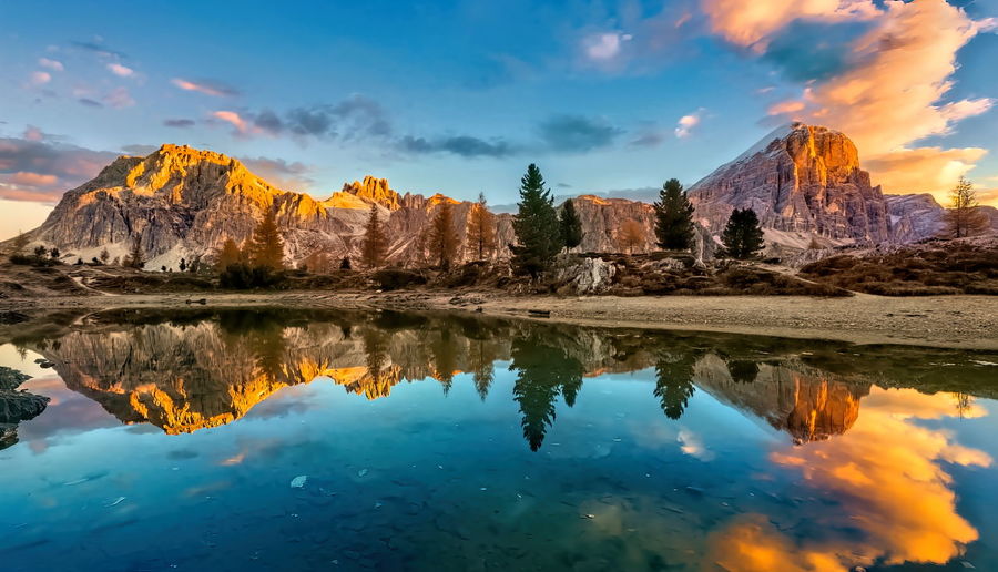 Reflection of mountains on lake during sunset