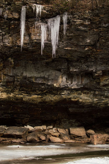 Low angle view of icicles hanging from rock formation