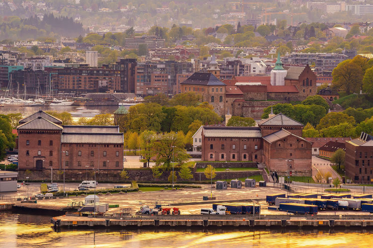 High angle view of buildings in city