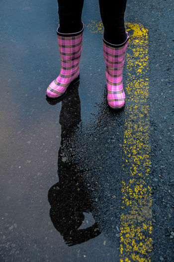 Low section of person standing on wet puddle