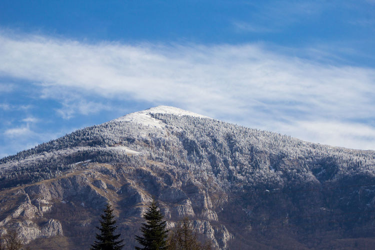 Low angle view of snowcapped mountain against sky