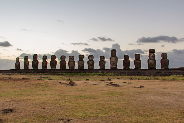 Group of moai on field against sky