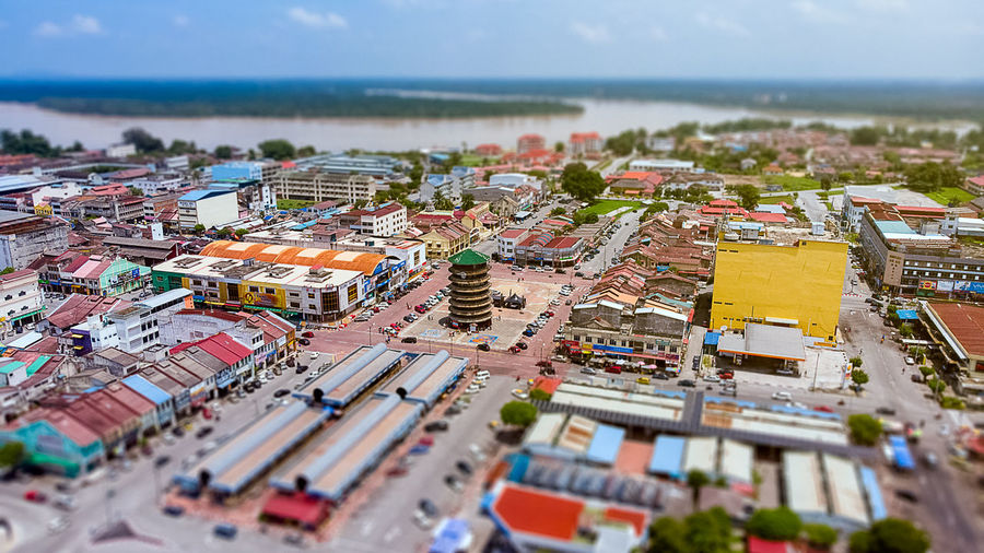 Aerial view of tilt-shifted teluk intan city