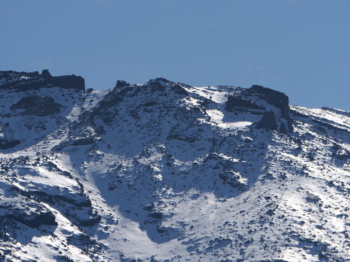 Aerial view of snowcapped mountains against clear blue sky