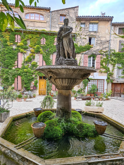 Statue by fountain against building