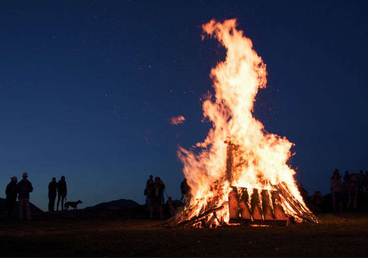 People at bonfire on field